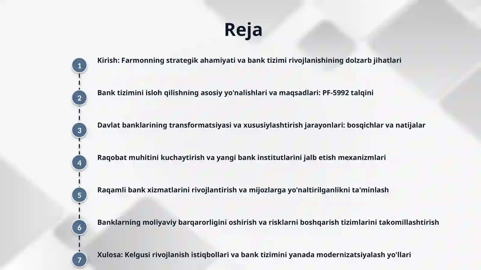 O'zbekiston Respublikasi prezidenti Mirziyoev .Sh.m.ning 2020 -2025 yillarga mo'ljallangan O'zbekiston Respublikasi bank tizimini isloh qilish strаtegiyasi toʼgʼrisidаgi 12.05.2020 yildagi pf-5992 sonli farmoni boʼyicha vazifalar 2
