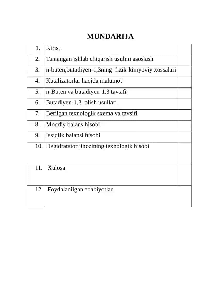 N-Butenni oksidli degidrogenlash bilan 1,3-butadiyen ishlab chiqairish texnologiyasidagi degidratatorni hisoblash 2