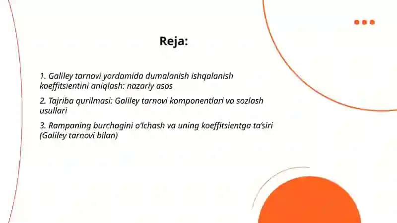 Galiley tarnovi yordamida dumalanish ishqalanish kaeffisinetini aniqlash 2
