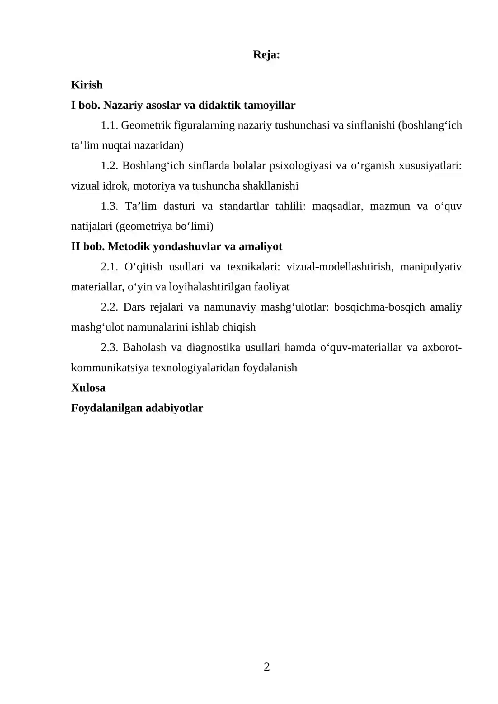 BOSHLANGʻICH SINFLARDA GEOMETRIK FIGURALARNI OʻRGATISH USLUBLARI Mavzusida tayyor kurs ishi 2