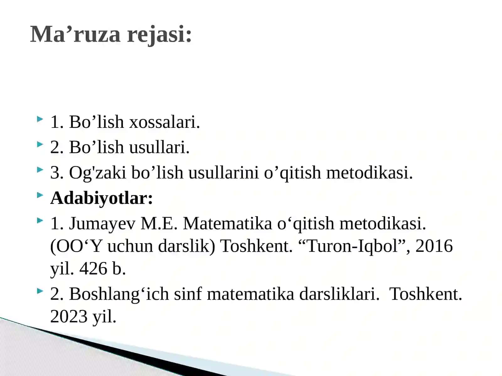 Boshlang'ich sinflarda bo’lishning og'zaki usullarini o’qitish metodikasi 2