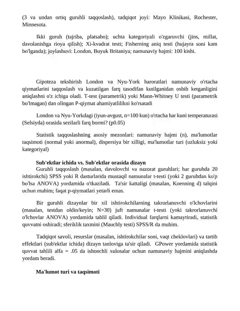 Malumotlarni statistik taqqoslash metodlarining tanlashning asosiy mezonlari 2
