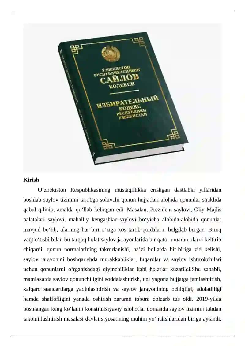 O‘zbekiston Respublikasi Saylov kodeksi 2