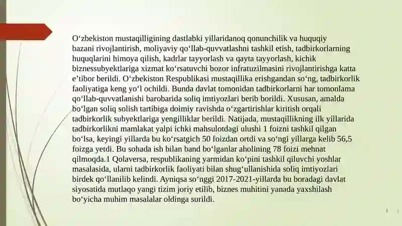 Mustaqillik yillarida O’zbekistonda tadbirkorlikni qo’llab quvvatlanishi 2