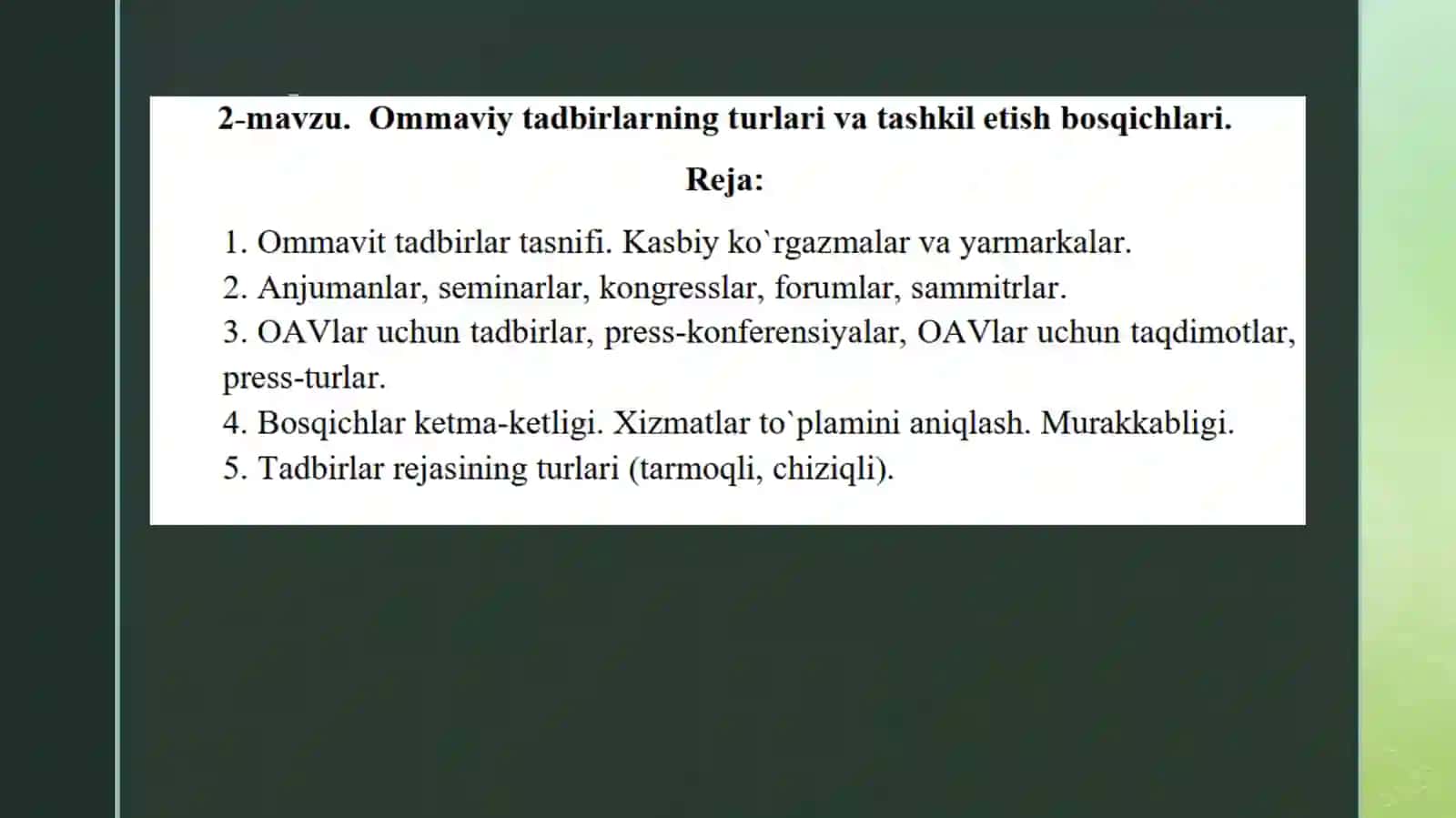 2-mavzu. Ommaviy tadbirlarning turlari va tashkil etish bosqichlari 2