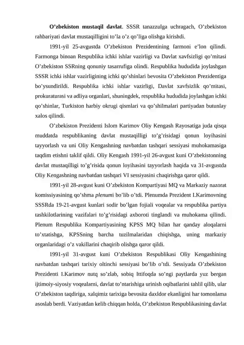 O'zbekistonda Davlat Mustaqilligining Qo'lg'a Kirtilishi Xuquqiy Demokratik Davlat va Fuqarolik Jamiyati Asoslarini Barpo etish Borasidagi Ishlar 2