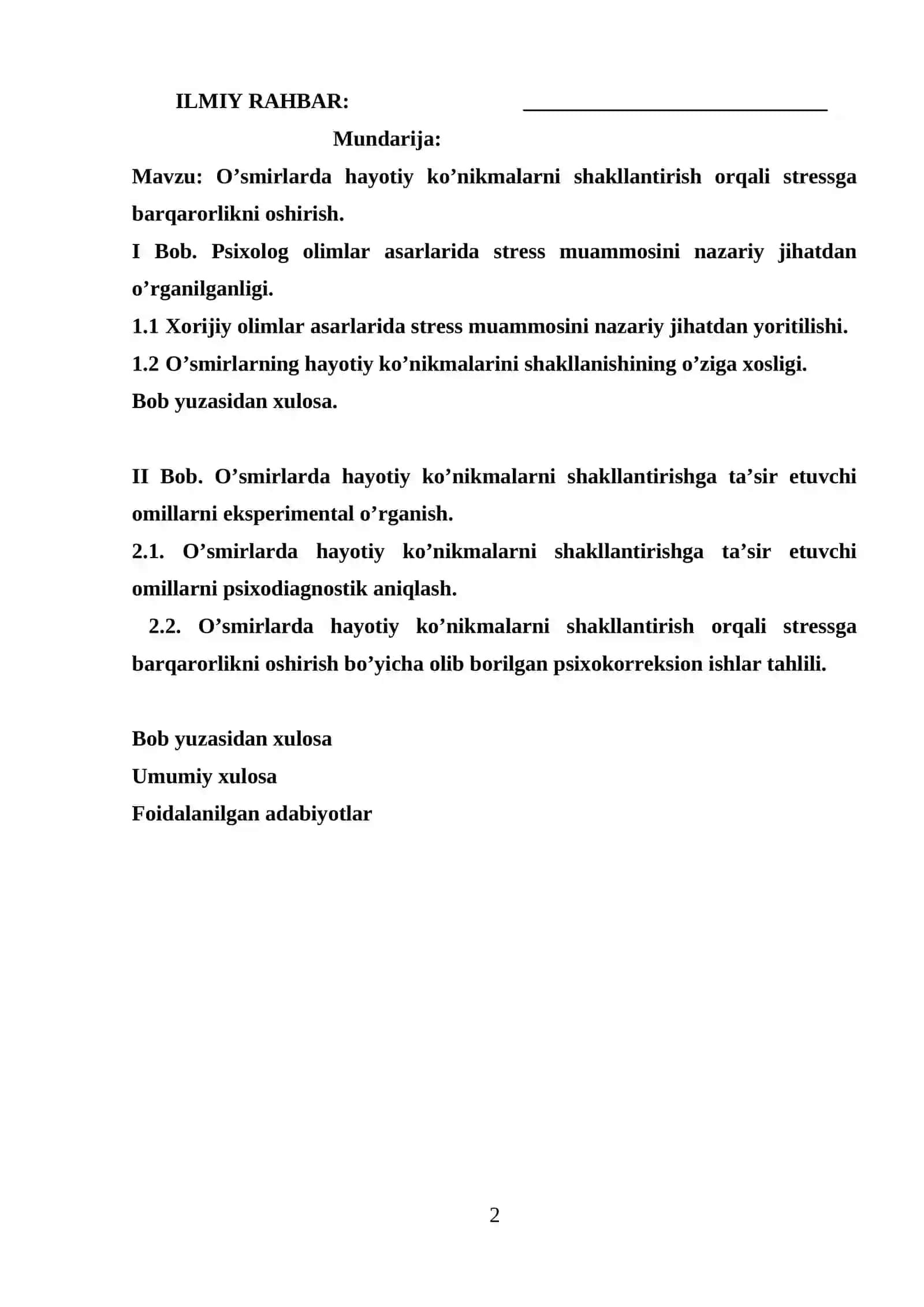 "O'SMIRLARDA HAYOTIY KO’NIKMALARNI SHAKLLANTIRISH ORQALI STRESSGA BARQARORLIKNI OSHIRISH" KURS ISHI 2