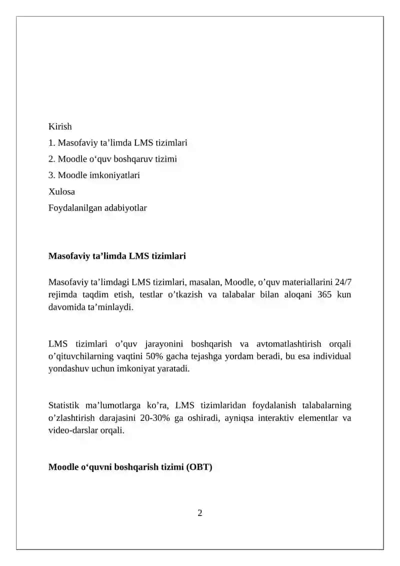 Masofaviy ta'limda LMS tizimlari, MOODLE oʻquv jarayonini boshqarish tizimi va uning imkoniyatari 2