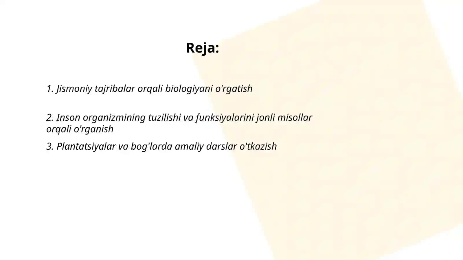 Biologiyani o'qitishda da'sturiy emas dars shaklidan foydalanish metodikasi Embergenova Gulshaxar 2