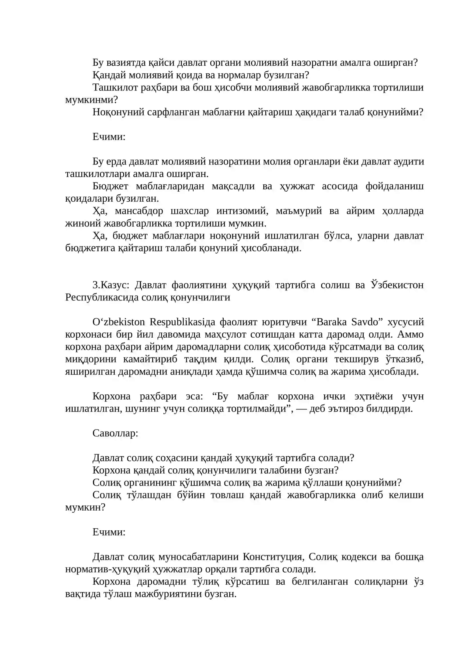 Moliyaviy huquqiy normalar va munosabatlar kazus 2