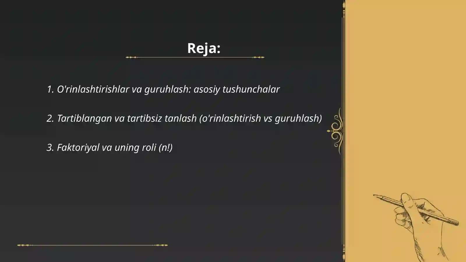 O'rinlashtirish va Guruhlash (O'rinlashtirishlar va Guruhlash haqida umumiy ma'lumot) 2