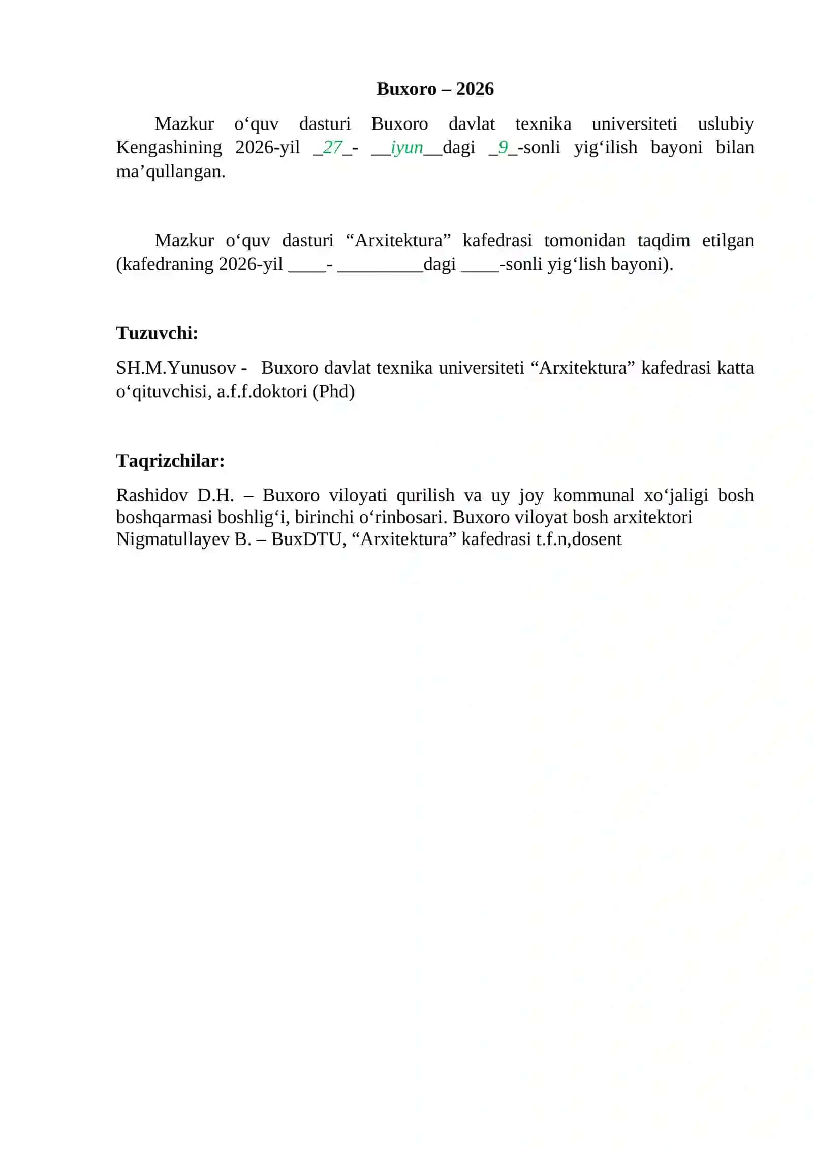 Shaharsozlik tarixi fannining o‘quv dasturi 2