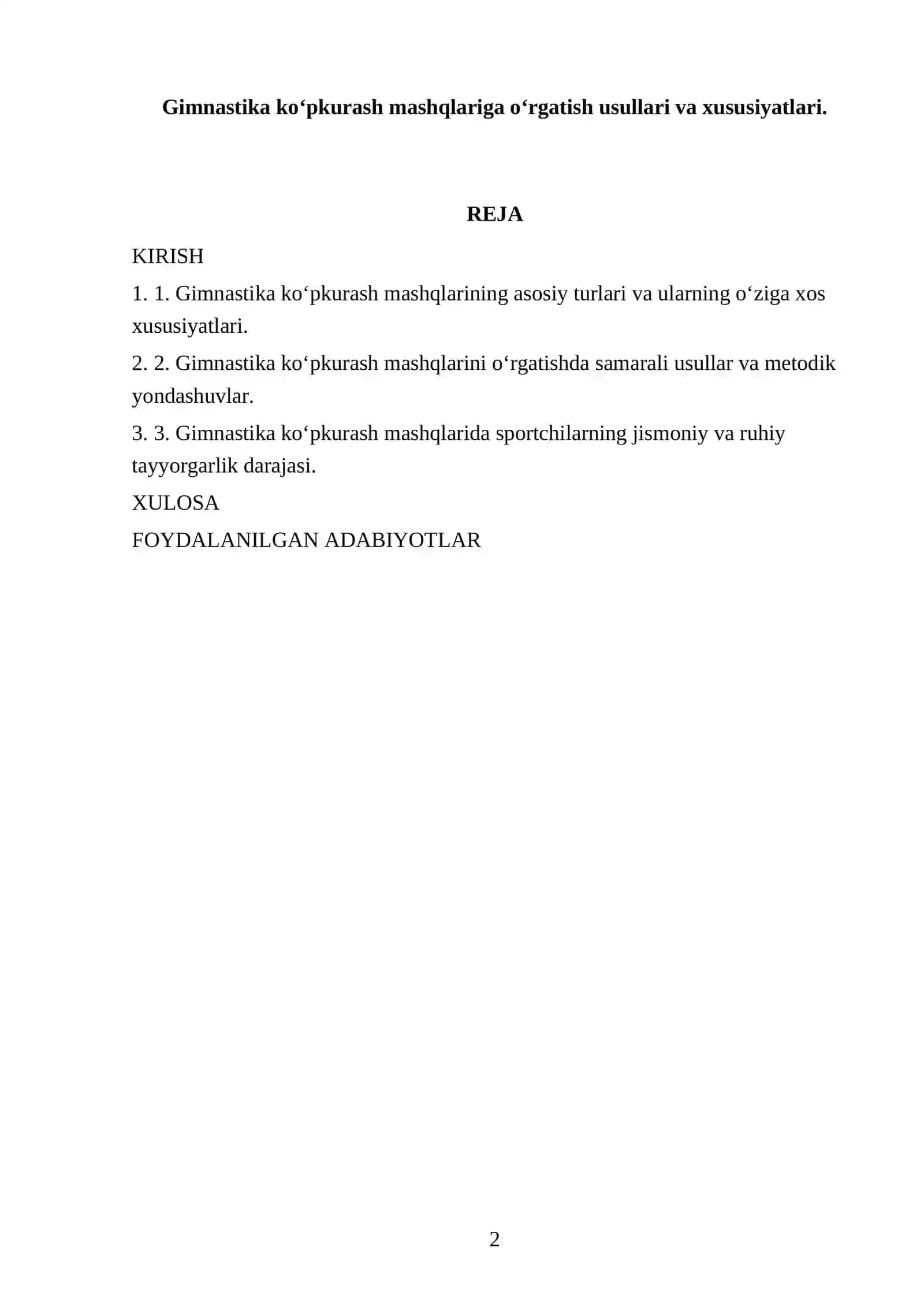 Gimnastika va uni o'qitish metodikasi fanidan tayyorlagan mustaqil ishi 2