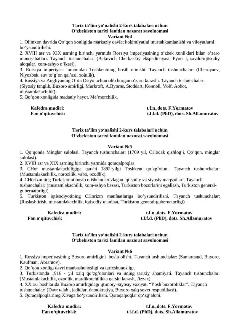 O‘zbekiston tarixi fanidan nazorat savolnomasi 2