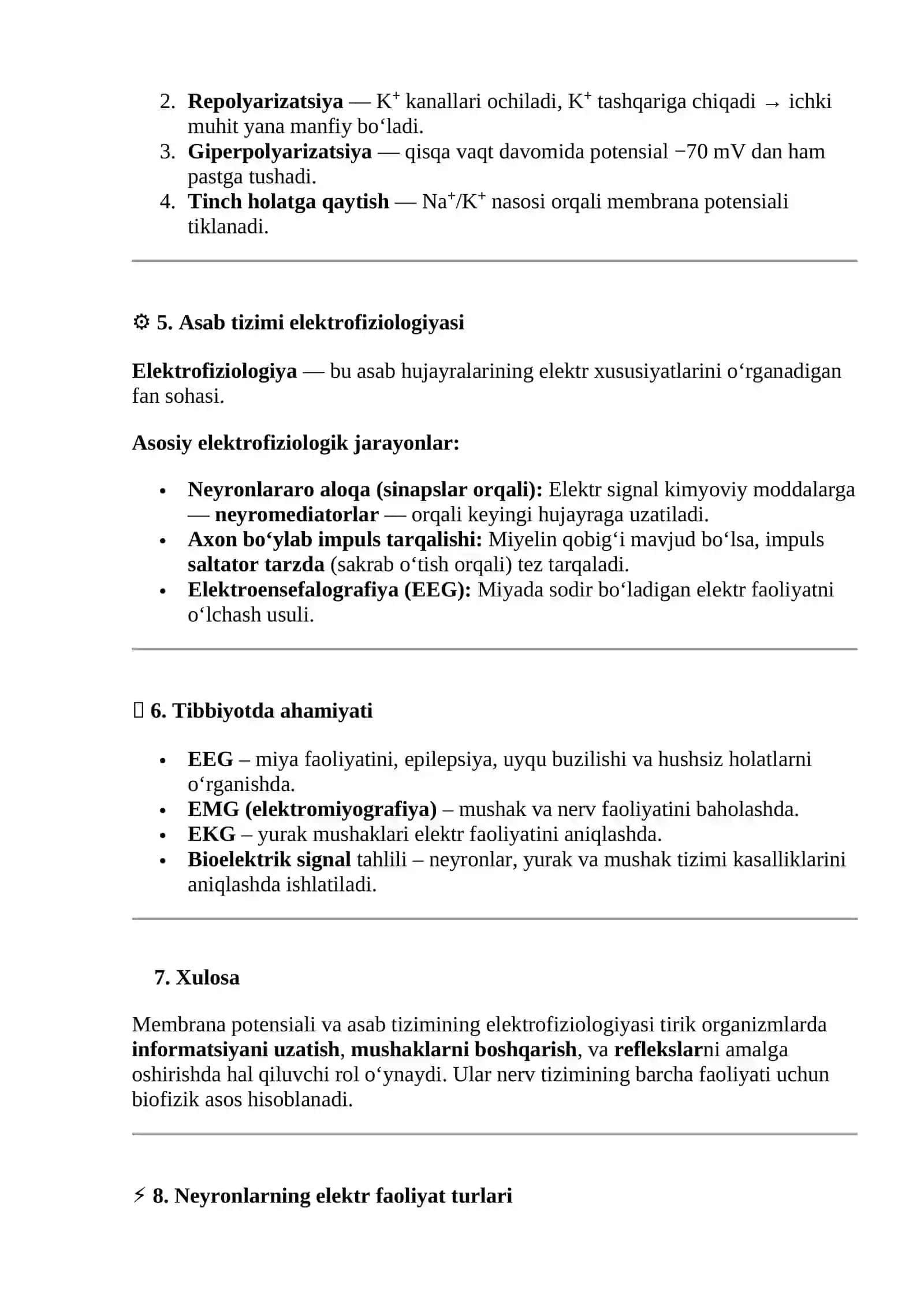 Membrana potensiali va asab tizimining elektrofiziologiyasi 2