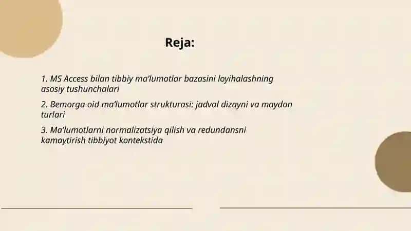 Tibbiyotda maʼlumotlar bazasini loyixalashtirishda MS Access dasturiy taʼlimotidan foydalanish 2