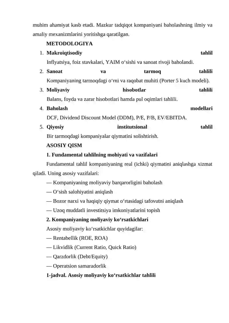 FUNDAMENTAL TAHLIL VA KOMPANIYANI BAHOLASH: MOLIYAVIY, STRATEGIK VA INSTITUTSIONAL YONDASHUVLAR 2