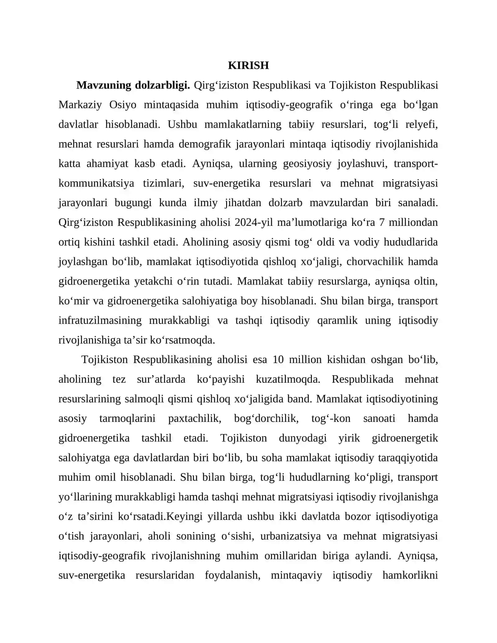 Qirgʻiziston va Tojikiston Respublikalariga iqtisodiy-geografik tavsif 2