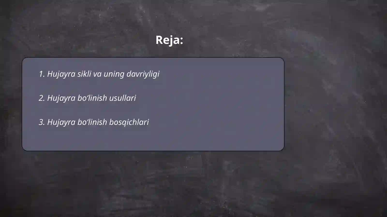 Hujayra sikli va uning davriyligi. Hujayraning bo‘linish usullari va bosqichlari. Interfaza. Autosintetik interfaza. Geterosintetik interfaza. Mitozning biologik va tibbiyotdagi ahamiyati (patalogiyasi). Mitozning xillari: amitoz, endomitoz 2