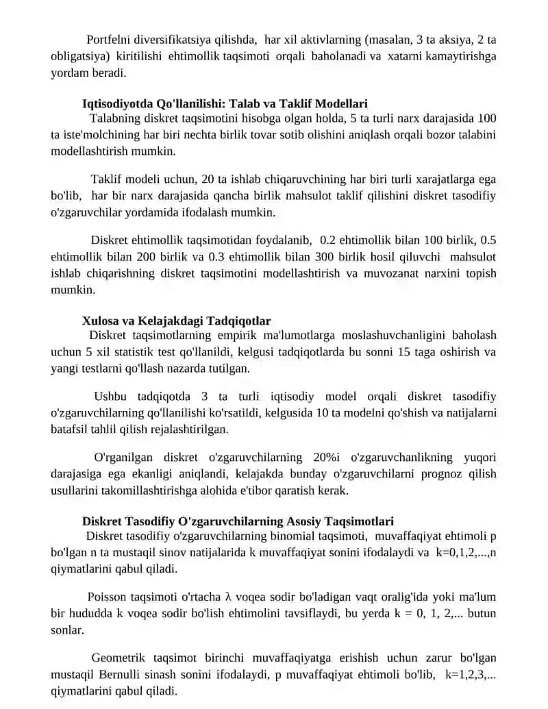 Diskret tasodifiy miqdorlar. Iqtisod yo’nalishlarida qo’llanilishi 2