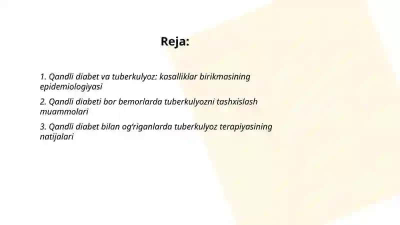 Tuberkulyoz va yondosh kasalliklar: qandli diabet, o‘pka raki, oshqozon-ichak trakti kasalliklari, xomiladorlik, alkogolizm, ruxiy kasalliklar. 2