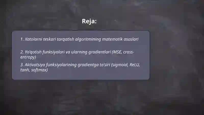 Xatolarni teskari tarqatish usuli. neyron torli klasterlash usullari 2