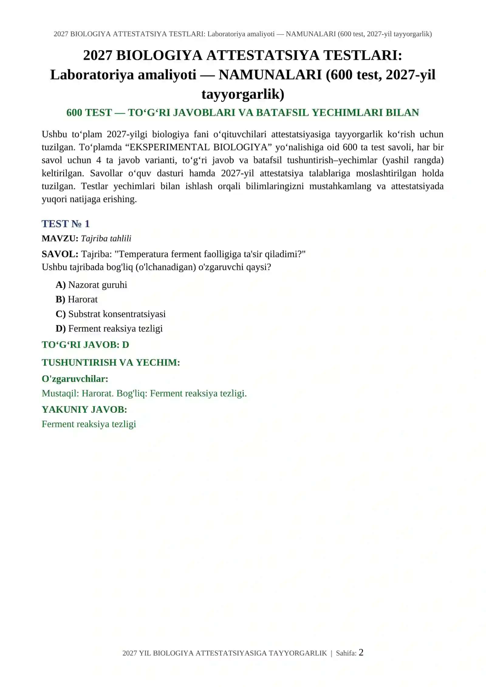 2027 BIOLOGIYA ATTESTATSIYA TESTLARI: Laboratoriya amaliyoti — NAMUNALARI (600 test, 2027-yil tayyorgarlik) 2