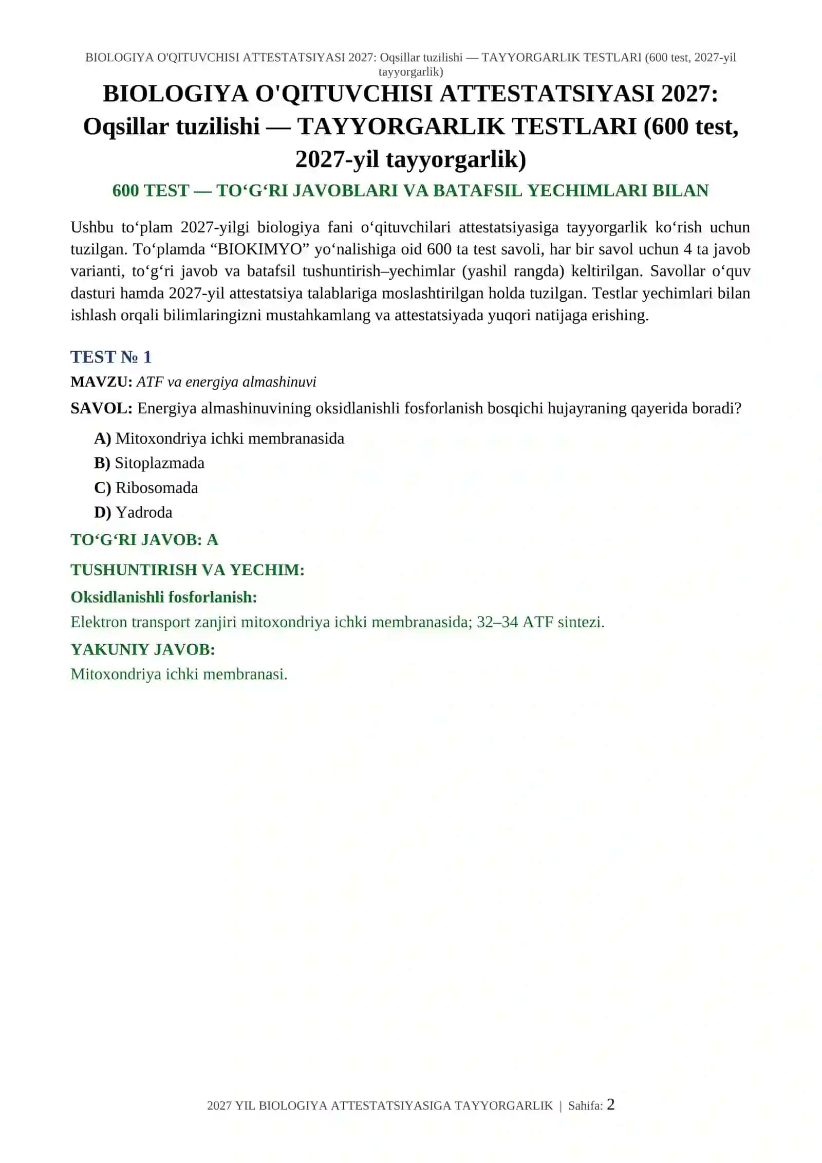 BIOLOGIYA O'QITUVCHISI ATTESTATSIYASI 2027: Oqsillar tuzilishi 2