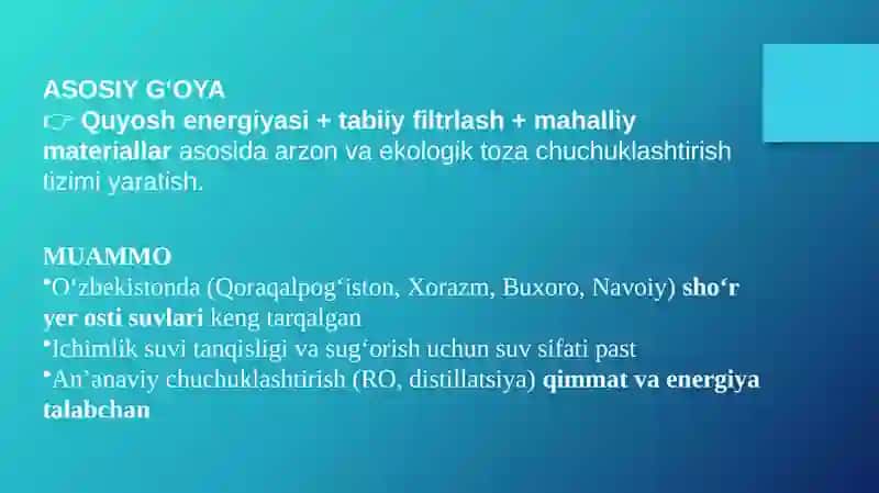 O'zberistonsharoitidasho'r suvlarini chuchuklashtirish g'oyasi 2