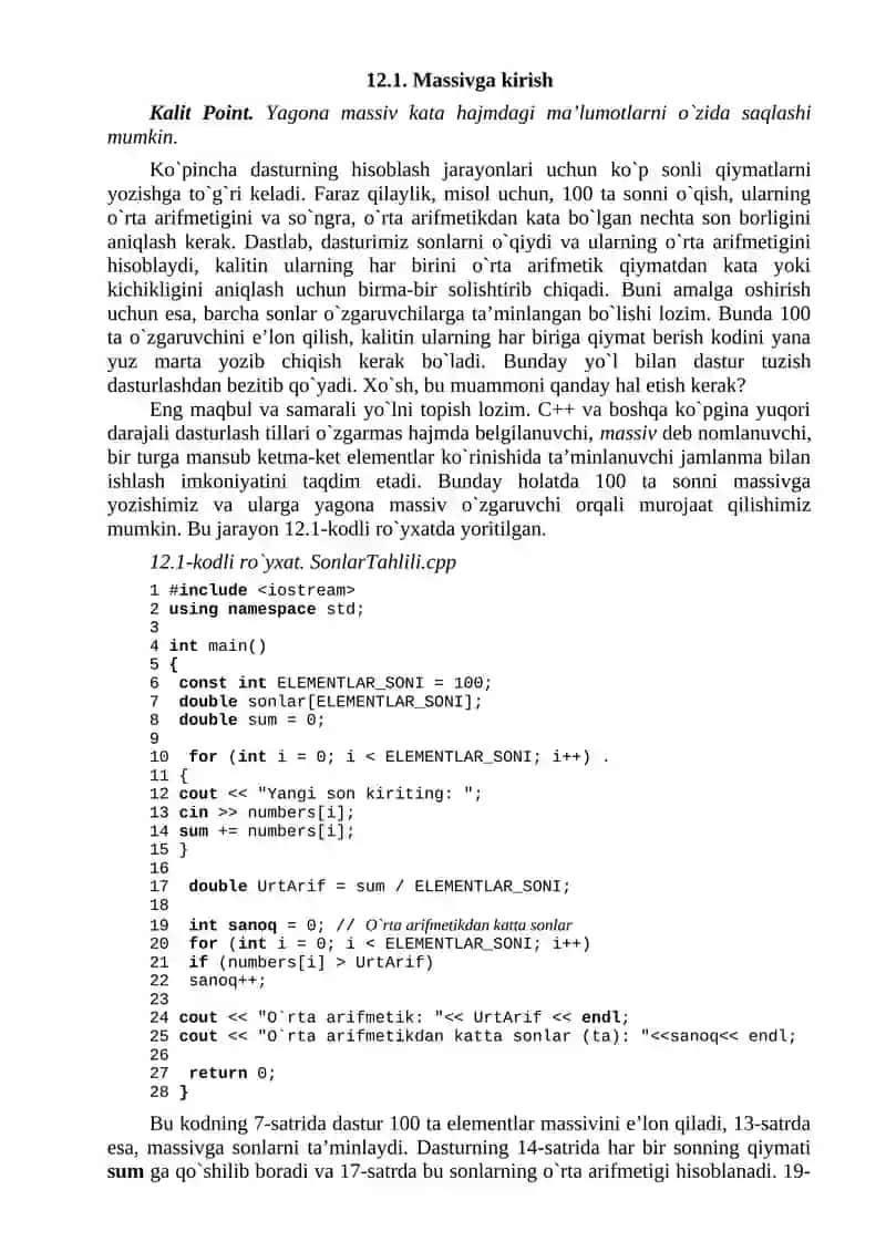 MASSIV TUSHUNCHASI. BIR O‘LCHOVLI MASSIVLARNI E’LON QILISH YO‘LLARI. MASSIVLARGA FUNKSIYADAN MUROJAT QILISH. 2