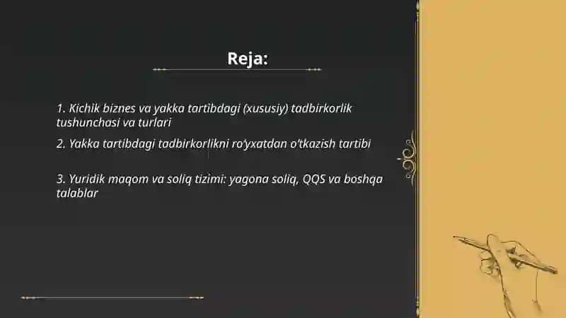 Kichik biznes va yakka tartibdagi (xususiy) tadbirkorlikni tashkil etish 2