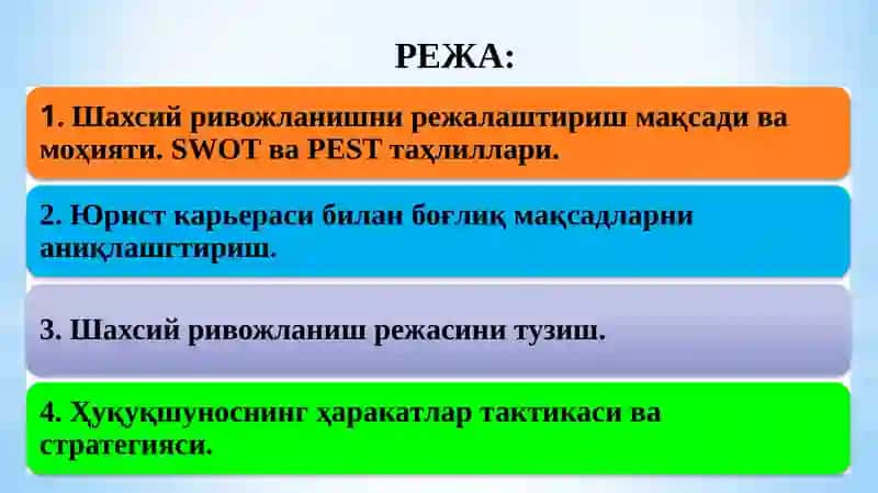 ҲУҚУҚШУНОСНИНГ ШАХСИЙ РИВОЖЛАНИШ РЕЖАСИ 2