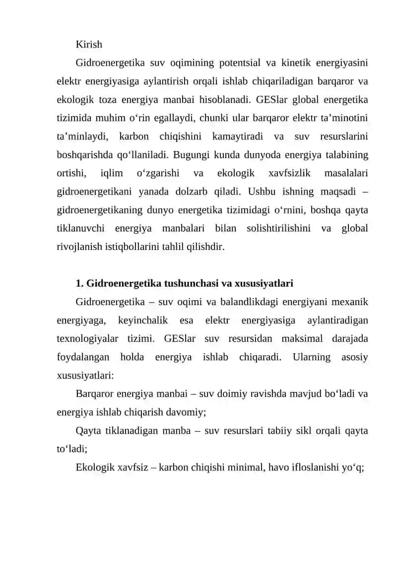 GIDROENERGETIKANING DUNYO ENERGETIKA TIZIMIDAGI O‘RNI VA QAYTA TIKLANUVCHI ENERGIYA MANBALARI ORASIDAGI MAVQEYI 2