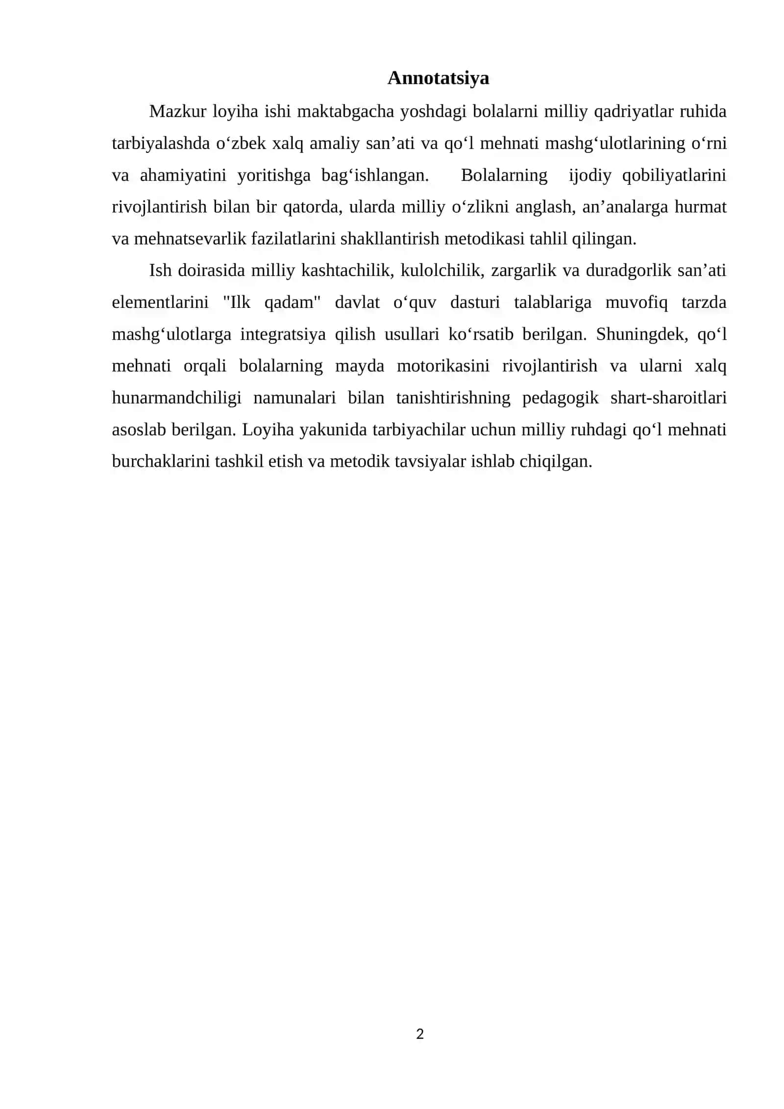 Maktabgacha ta’lim tashkilotlarida milliy qadriyatlar va qo’l mehnati san’atini tashkl etish 2
