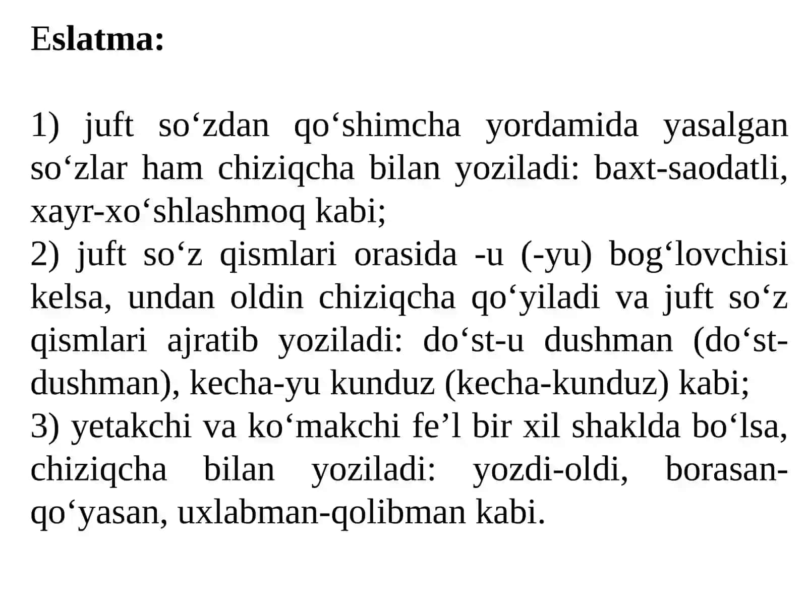 Juft so‘z va takror so‘z qismlarida chiziqcha bilan yozish 2