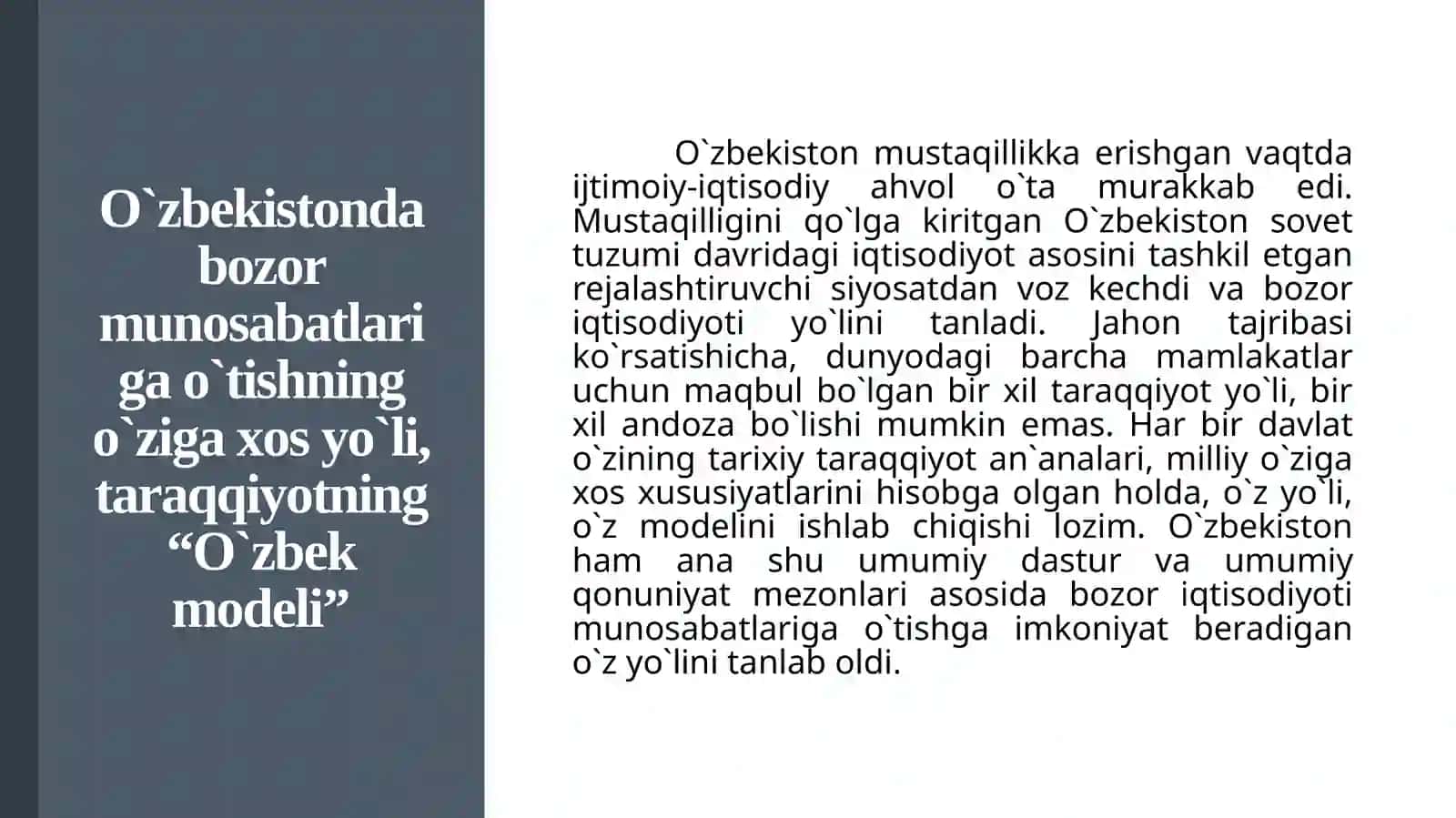 Iqtisodiy islohotlar, uning bosqichlari.O`zbekistonda bozor munosabatlariningrivojlanishi 2