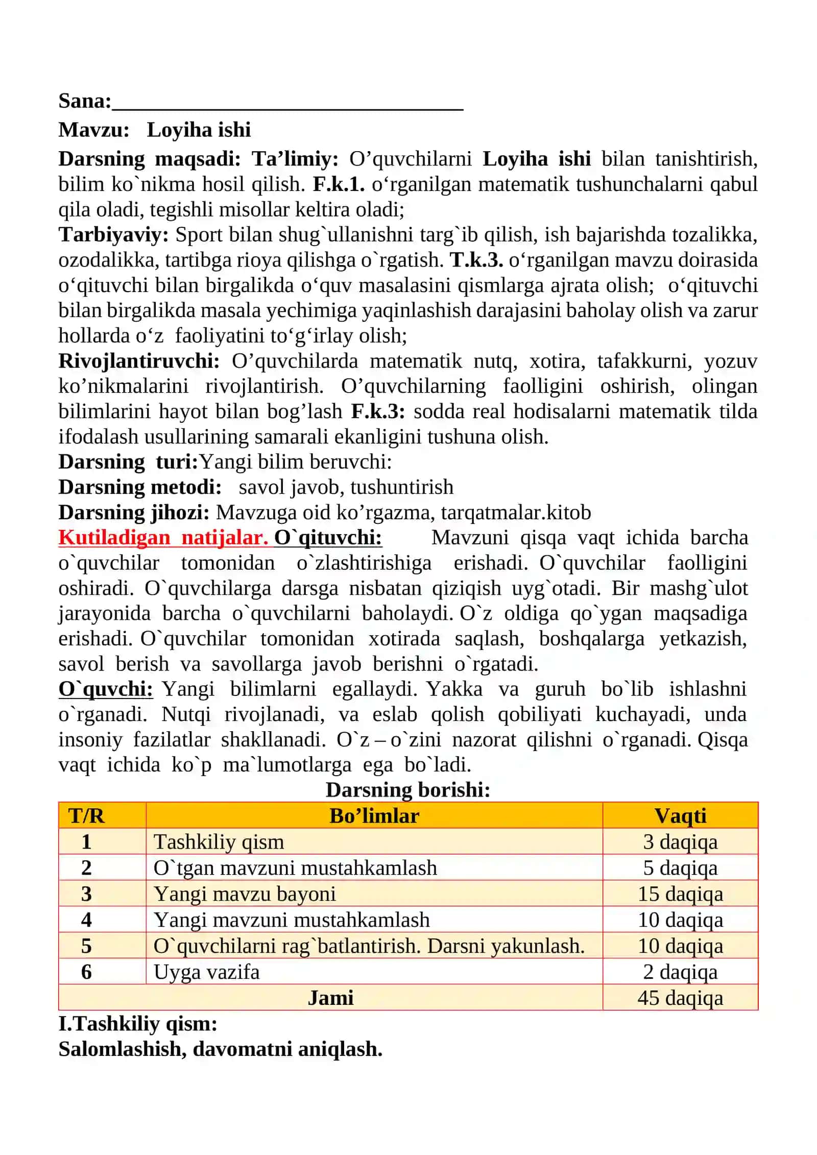 Loyiha ishi mavzusida 4-sinf Matematika fanidan dars ishlanmasi 2