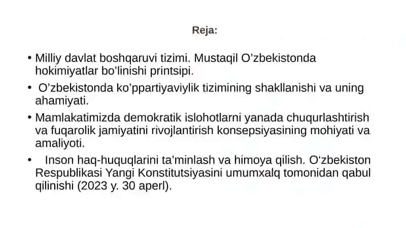 O‘zbekistonda demokratik, fuqorolik jamiyati asoslarining shakllanishi, amalga oshirilgan siyosiy islohotlar 2