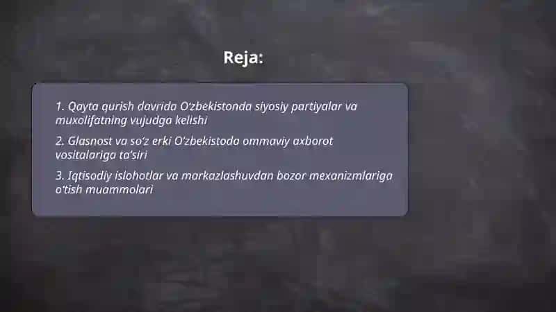 Qayta qurish davrida Oʻzbekistonda siyosiy partiyalar va muxolifatning vujudga kelishi 2
