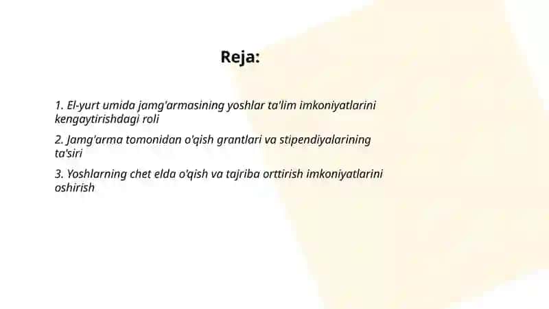 El-yurt umida jamg`armasining O`zbekiston yoshlarining hayotida tutgan o`rni 2