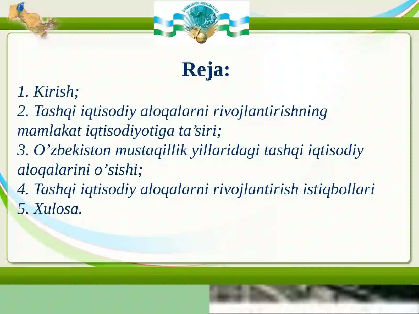 O‘zbekistondatashqiiqtisodiyfaoliyatningerkinlashtirilishi 2