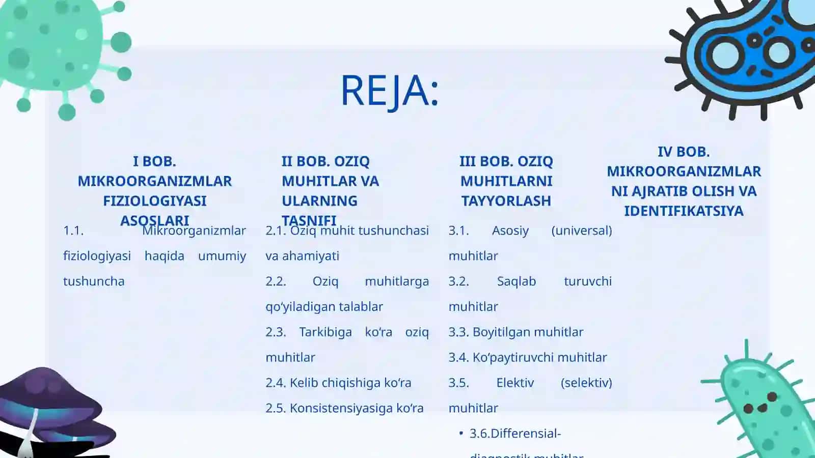 MIKROORGANIZMLAR FIZIOLOGIYASI, MIKROORGANIZMLARNI O‘STIRISH VA SOF KULTURA AJRATIB OLISH USULLARI. 2