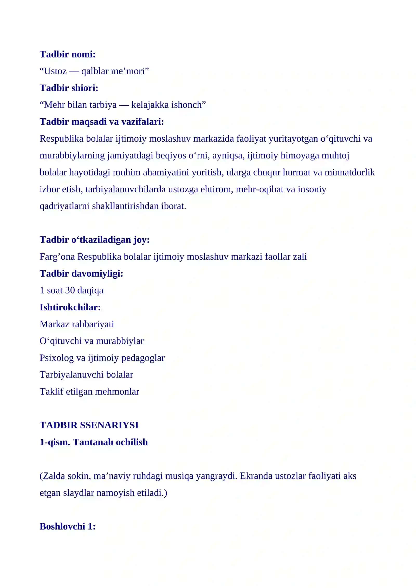 “Ustoz — qalblar me’mori” Ssenariy 1-oktabr 2