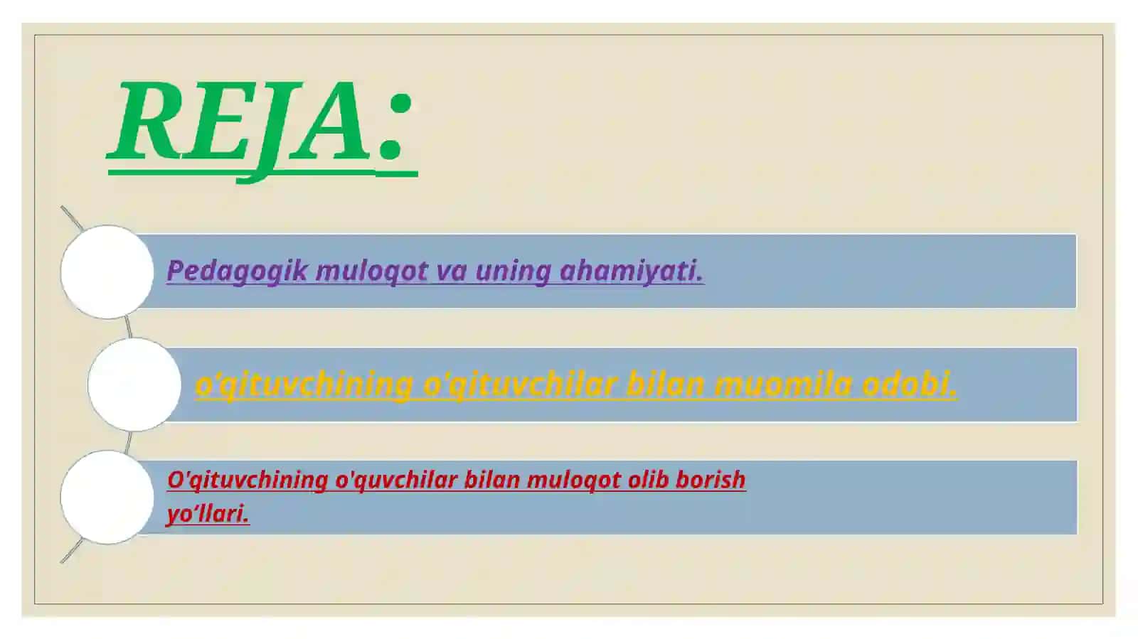 O'QITUVCHI KASBIY FAOLIYATIDA
MULOQOT MADANIYATI VA
PSIXOLOGIYASI. 2