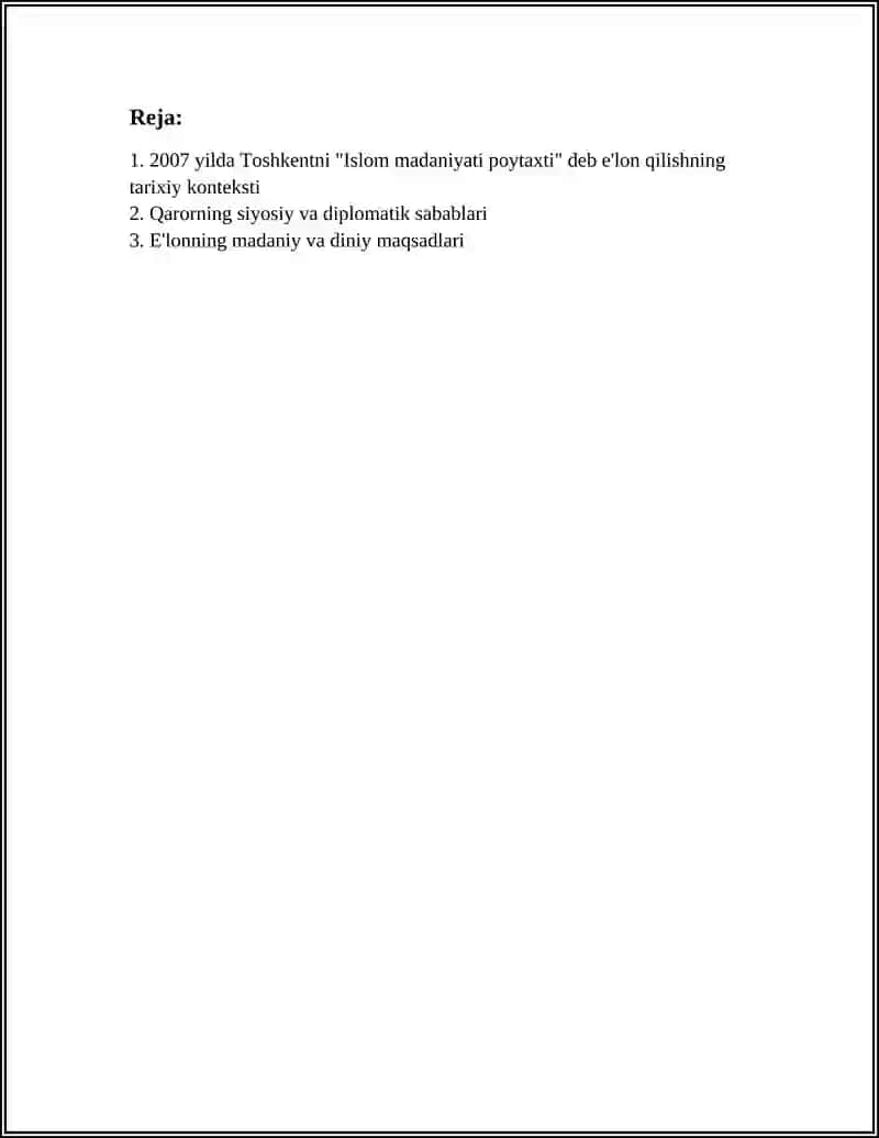 2007 YIL TOSHKENT ISLOM MADANIYATI POYTAXTI DEB E'LON QILINISHINING MAZMUNI VA MOHIYATI 2