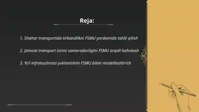 Shaharlarning transport muammolari mavzusida FSMU tahlil qilish 2