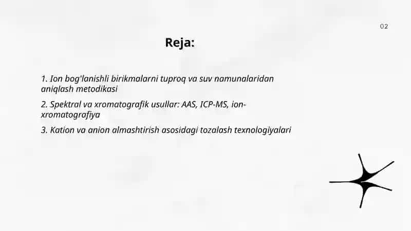 Ion bog'lanishli birikmalarni tuproq va suv namunalaridan aniqlash metodikasi 2