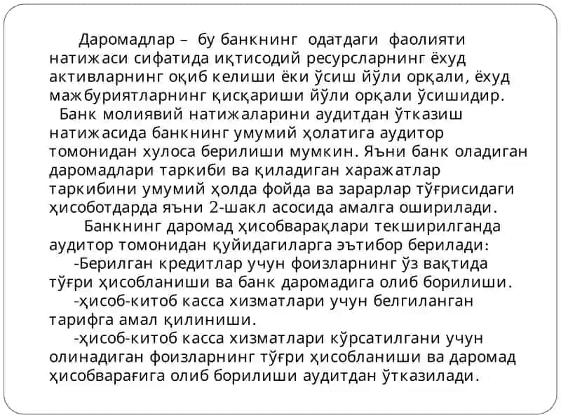 BANK DAROMADLARI VA XARAJATLARI HISOBI 2