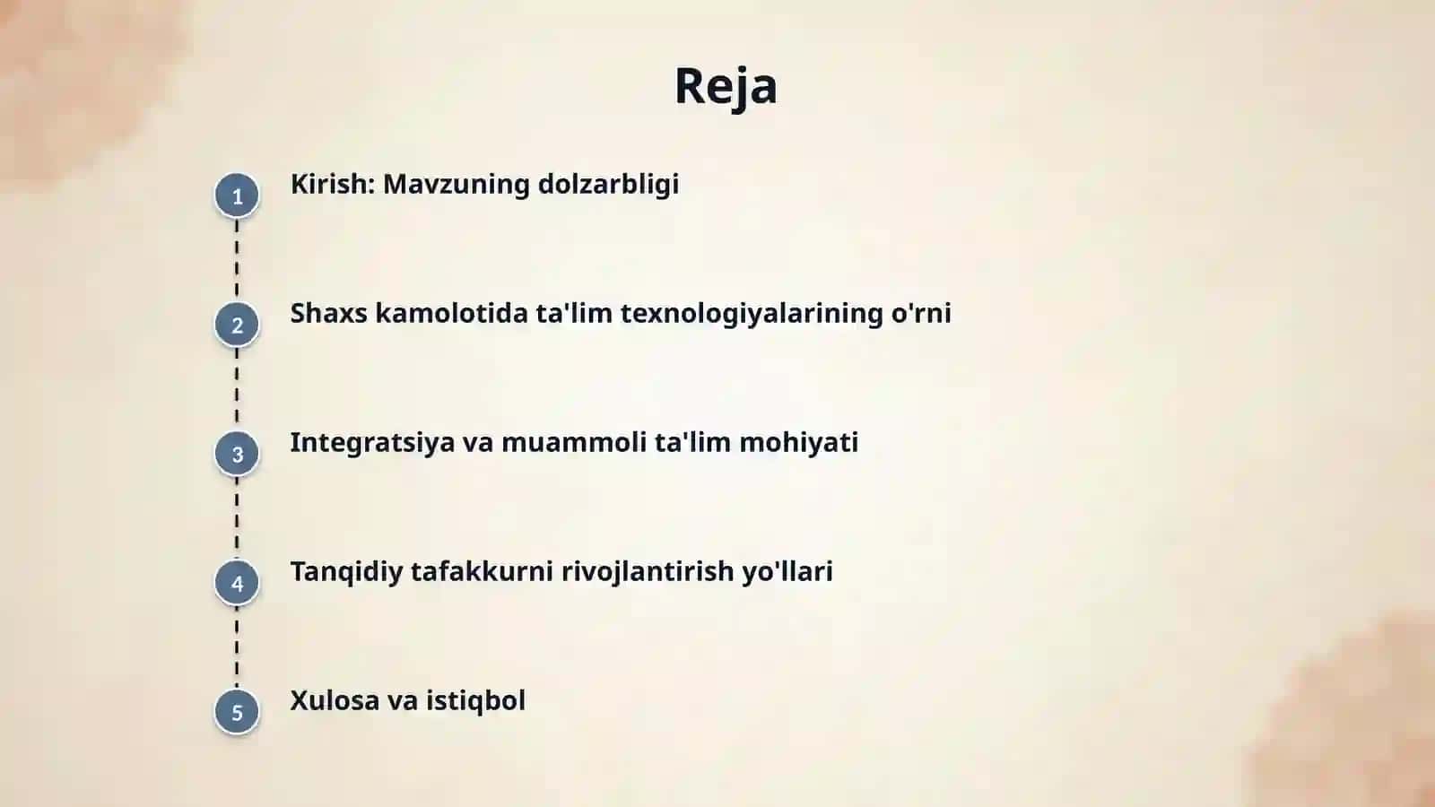 Shaxsni kamol toptirishga yo‘naltirilgan ta’lim texnologiyalari. Integratsiya haqida umumiy tushuncha. Muammoli ta’lim texnologiyasining psixologik asoslari. Innovatsion texnologiyalar asosida tanqidiy tafakkurni shakllantirish. 2