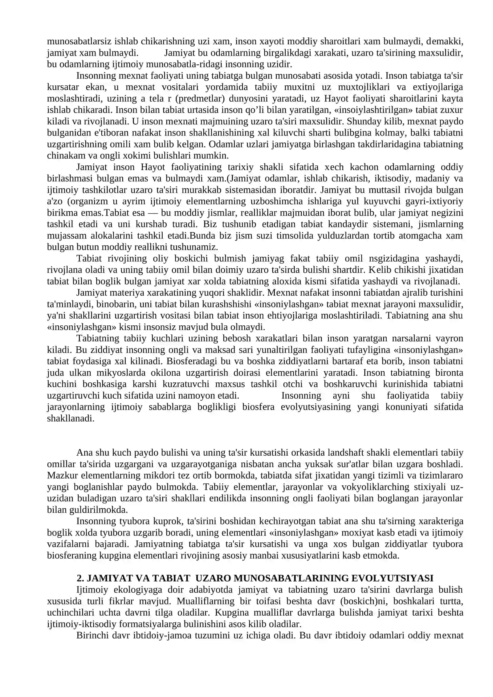Inson-jamiyat-tabiat. Jamiyat va tabiatning o’zaro ta'siri evolyutsiyasi 2